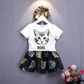 Kid Baby Girl Retro Cute Cat Printed T-Shirts+Mesh Dress 2Pcs