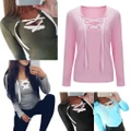 Women Casual Solid Long Sleeve Bandage Front Blouse Tops