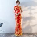 2018 New Red Lace Long Bride Wedding Toast Chinese Wedding Dress Cheongsam