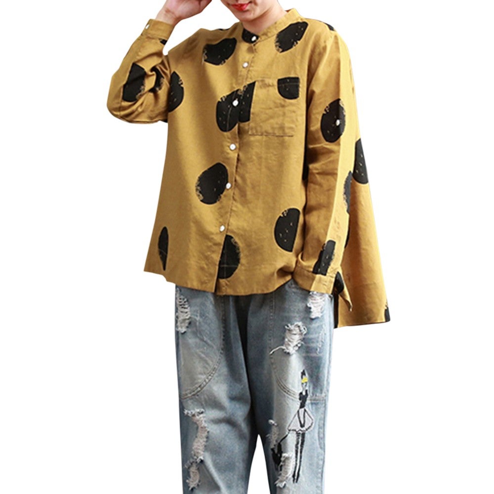 Women Casual Polka Dot Irregular Long Sleeve Stand Collar Women Blouses_YS