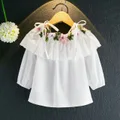 ??Kids Girl Shirts off shoulder White Embroidery Floral Blouses ??