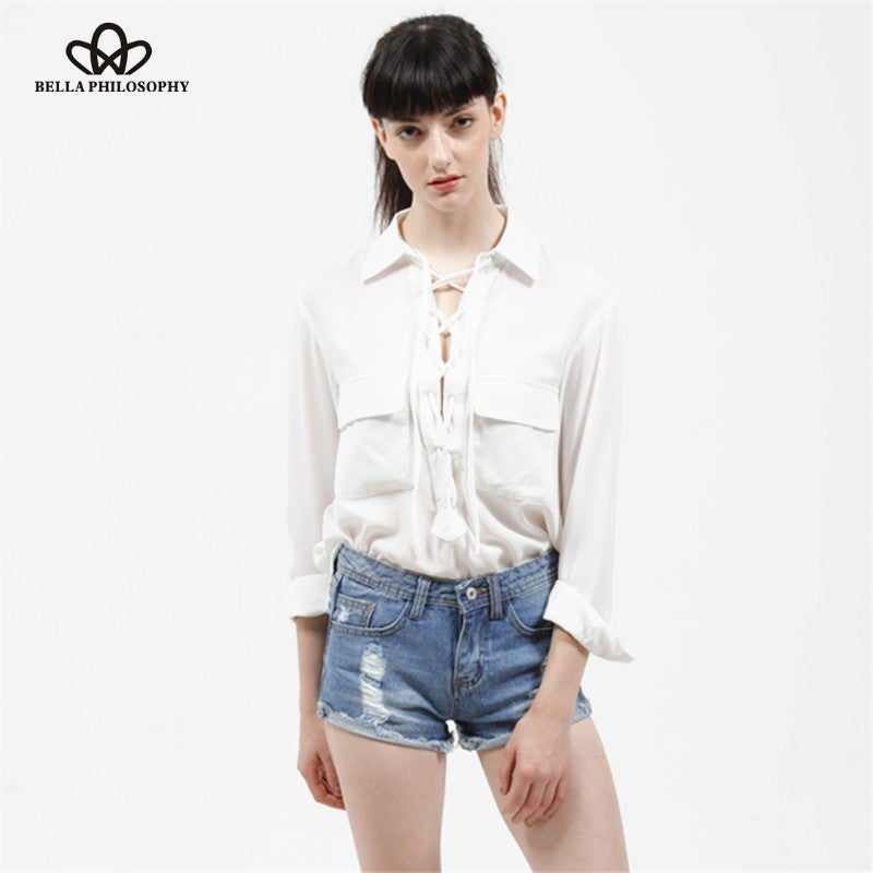 Bella new women chest-bandage pockets long sleeve Chiffon blouse shirt