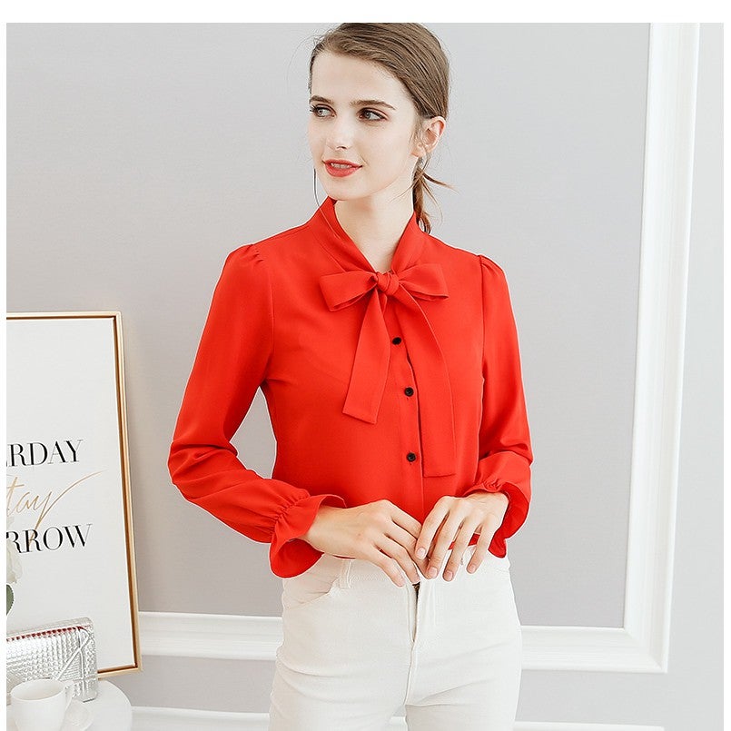 women polyester blouse long sleeve white red blue top summer autumn Korean shirt