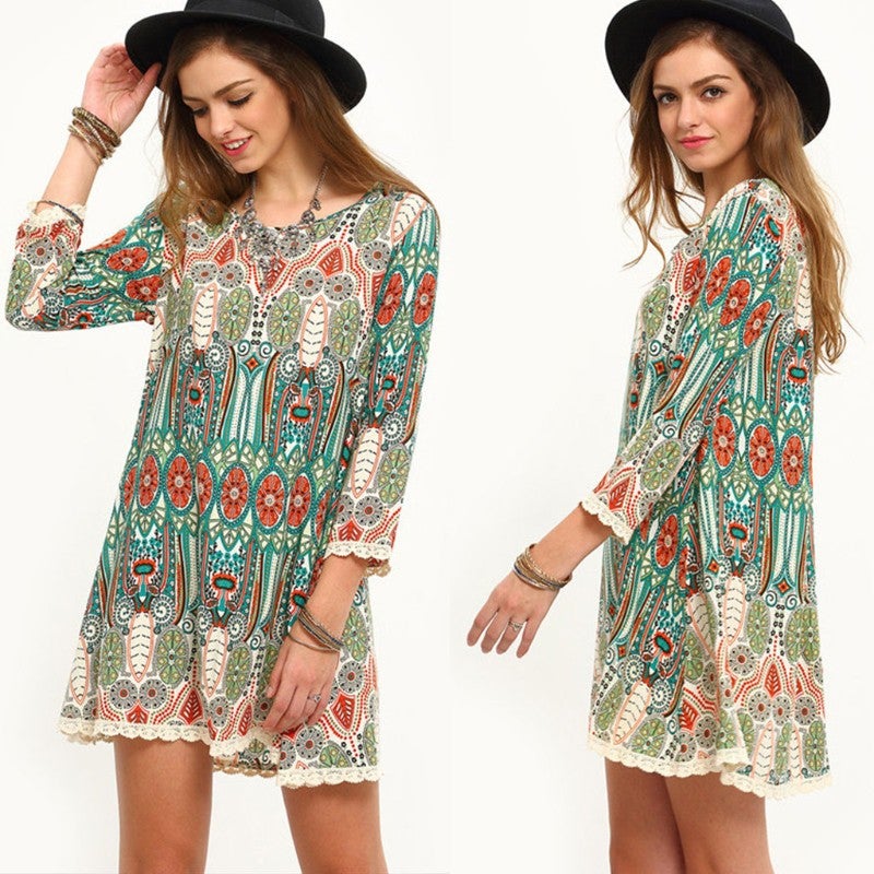 Women Three-quarters Sleeve Round Neck Vintage Floral Print Casual Beach Dress