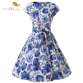 Elegant White Blue Cap Sleeve Cotton Floral Print Rockabilly Swing Summer Dress
