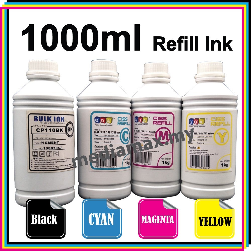 High Quality CISS Bulk Ink 1 Litre SET 4 Color Black Cyan Magenta Yellow