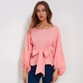Chiffon Wrap Lantern Long Sleeve Casual Loose Blouses With Bow Belt