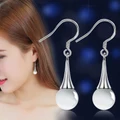 Silver moonstone women water drop opal dangle earrings