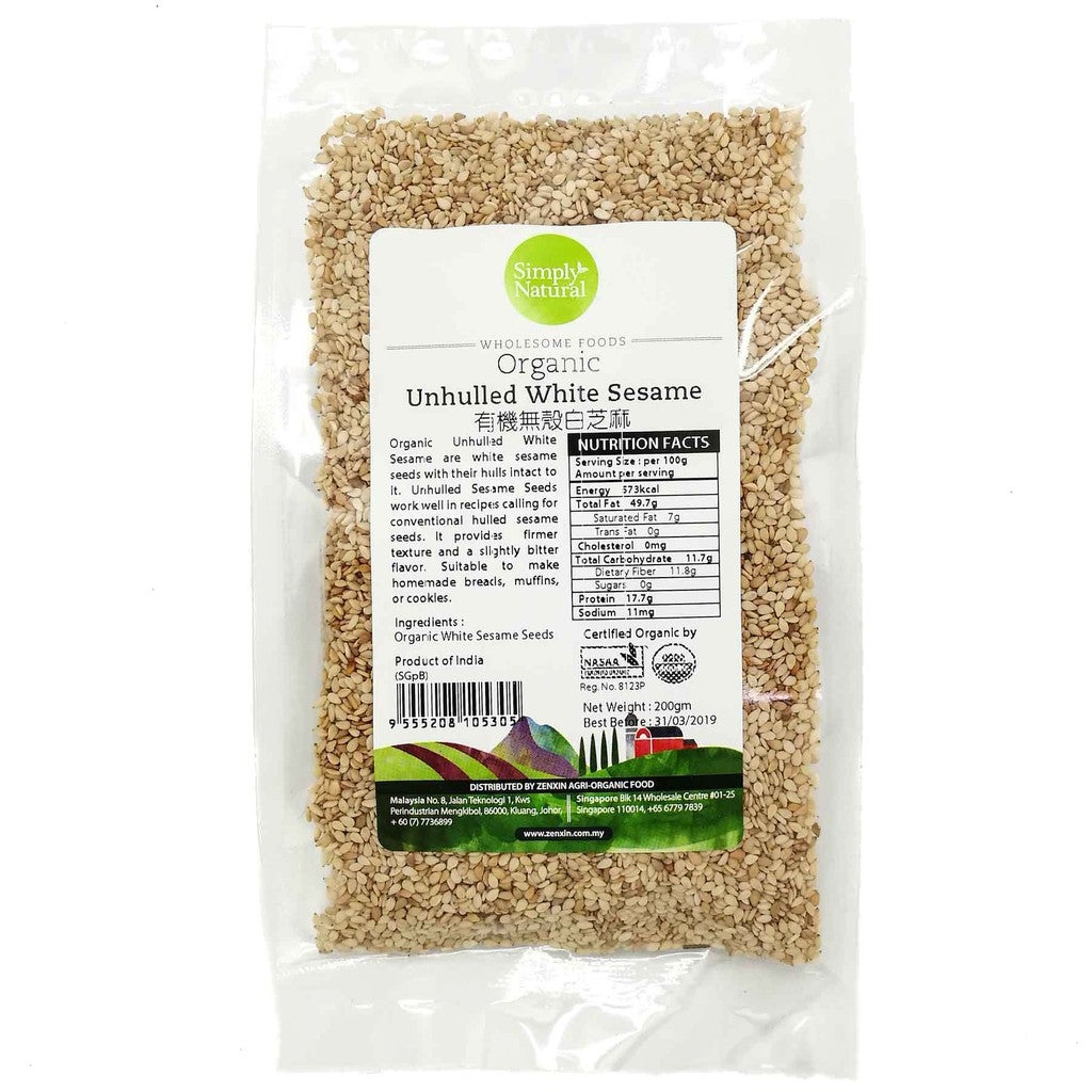 Simply Natural Organic Unhulled White Sesame 200g India
