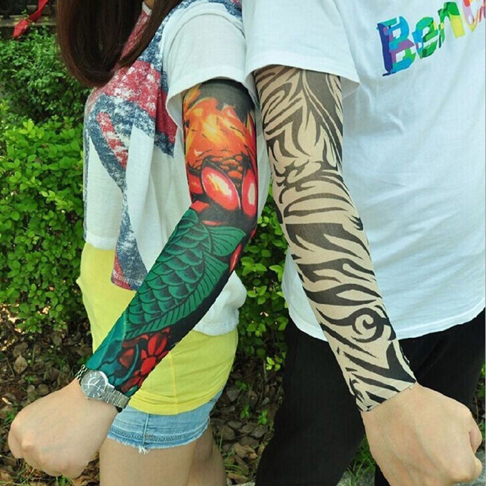 Fake Tattoo Women Punk Nylon UV Men Sunscreen Gloves Arm Warmers Sleeves