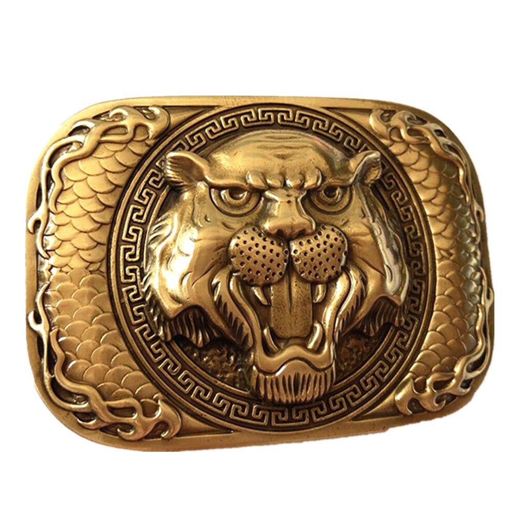 Pure Copper Western Cowboy Initial Antique Tiger Head Belt Buckle