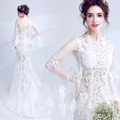 PO white long sleeve mermaid fishtail wedding bridal prom gown dress RB0550