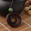 Jewelry Bead Brown Double-circle Pendant Wood Necklace Rope Chain Long