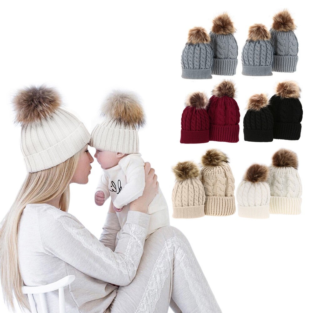 Baby Kid Warm Raccoon Fur Bobble Beanie Knitted Child Hat