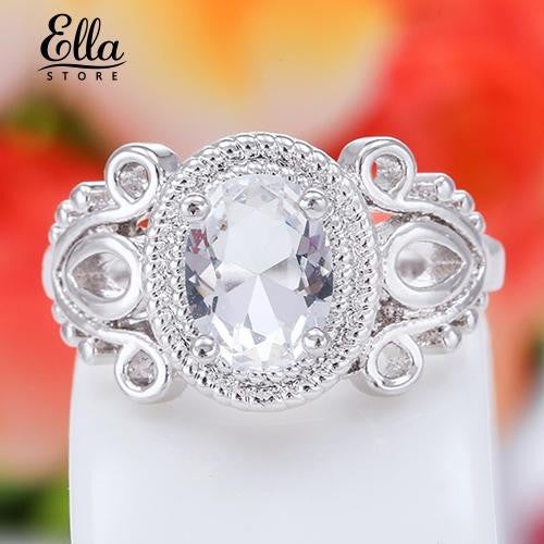 Ellastore Women's Fashion 18K White Gold Plated Oval Zircon Cutout Ring Jewelry