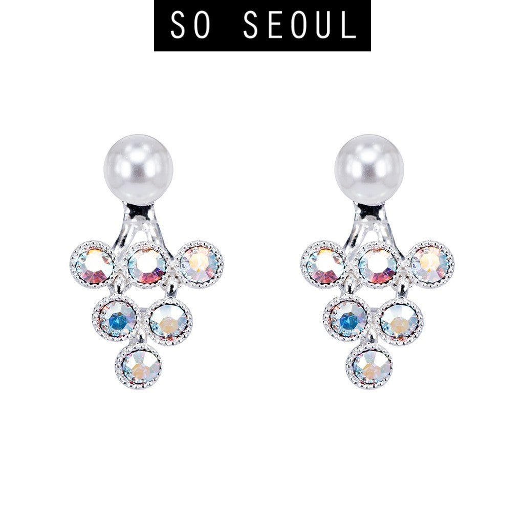 SO SEOUL Gleam Sparkling Aurore Boreale Chandelier with Pearl Dangle Curved Earring Jackets