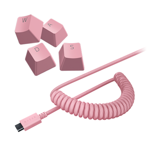 Razer PBT Keycap + Coiled Cable Upgrade Set - Colored Doubleshot PBT Keycaps with Matching Cable - Durable Doubleshot PBT - Braided Fiber Cable - USB-C to USB-A - Quartz Pink