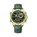 นาฬิกาข้อมือผู้ชาย สปอร์ตแฟชั่น รุ่น NF9208 E สายหนัง สีเขียว ขอบทอง กันน้ำ ระบบดิจิตอล+อนาล็อก