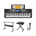 Donner DEK-610s Portable Piano Keyboard 61 Keys for Beginner with keyboard stand, bench, music stand, microphone, adapter - Black