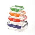 Mastrad 4 Pcs Borosilicate Glass Rectangle Storage Box With Pp Lid Set, -20°C To +400°C, Xs To L, Assorted Colors, Stor'eat, Green/orange/red/purple