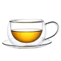 Aramoro Borosilicate Glass Double Wall Cup With Handle And Saucer 270ml 2pcs/set