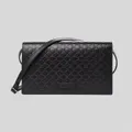 Gucci Unisex Black Microssima Gg Logo Leather Wallet On Strap Small Crossbody With Leather Logo Tab Black Rs-466507