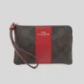 Coach Corner Zip Wristlet In Signature Canvas Brown 1941 Red Rs-58035