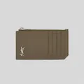 Ysl Saint Laurent Tiny Cassandre Fragments Zipped Card Case In Grained Leather Dark Khaki Rs-629899