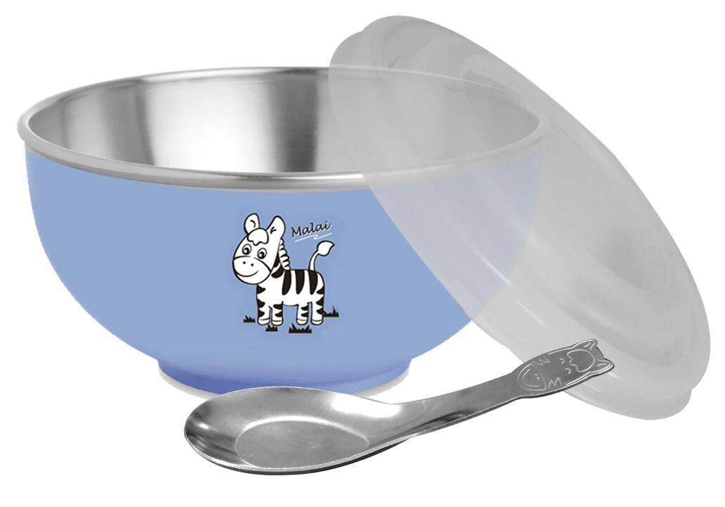 Zebra Kiddy Bowl With Cartoon Spoon, Assorted Colours (Green, Pink, Blue And Yellow), Silver