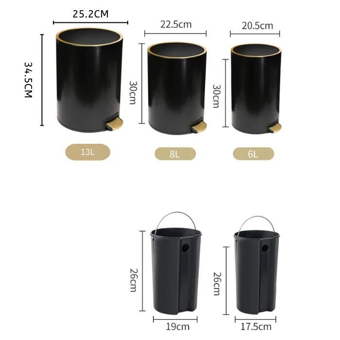 Kkpl Gold Rim Stainless Steel Waste Bin, Black, 6L
