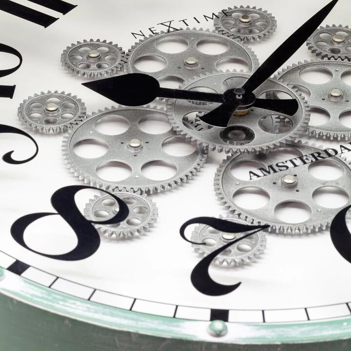 Nextime Henry Moving Gear Wall Clock 50cm Metal/glass, Silent Movement (Green/white), Green/white