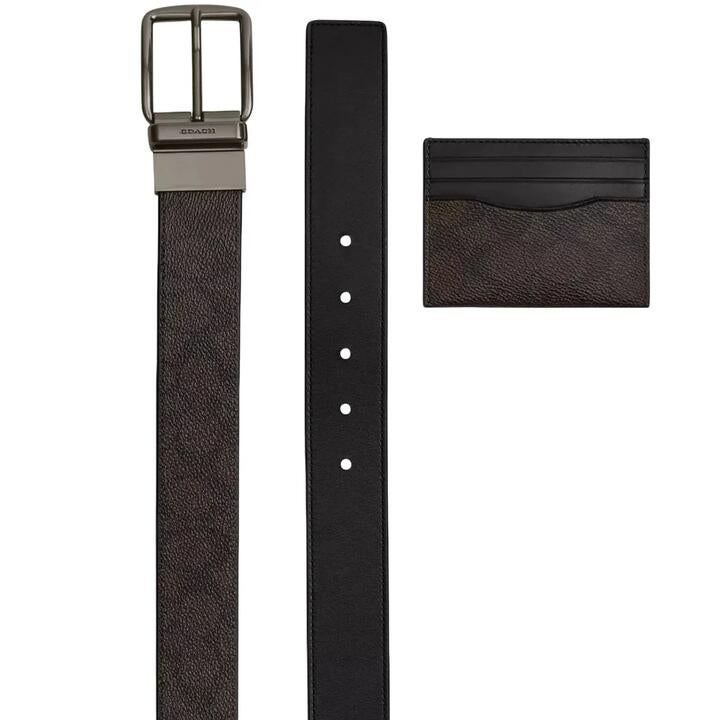 Coach Boxed Card Case And Belt Set In Signature Canvas - Walnut/ Black Cw351
