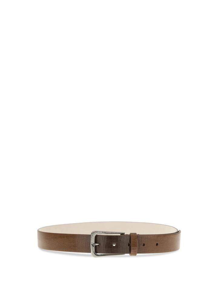 Brunello Cucinelli Carved Leather Belt With Shimmering Buckle - Tundra, M