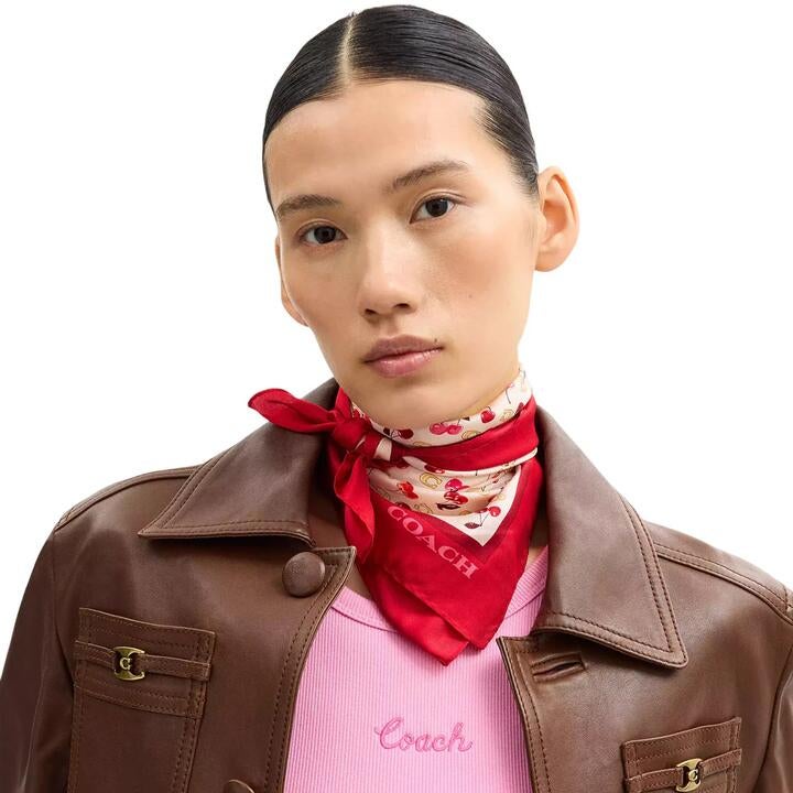 Coach Sculpted C Cherries Print Silk Bandana Scarf- Chalk/ Red Cdg76