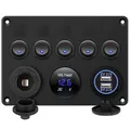 5 Gang Switch Panel 12V/24V with�Digital Voltmeter Blue LED Equipped with Cigarette Lighter Socket and 4.2A Dual USB Port for RV Car Boat