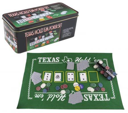 Gamie Texas Holdem Poker Game Set Includes Mat, 2 Card Decks, Chips, Chip Holder and Tin Storage Box Gift for Kids and Adults