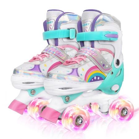 Kids Roller Skates Adjustable 4 Sizes 4 Light Up Wheels for Size 26-33 Pink Size S Foot Length Range 18-21.3cm