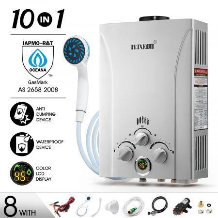 MAXKON 8 in 1 550L/Hr Portable Outdoor Gas LPG Instant Shower Water Heater - Silver