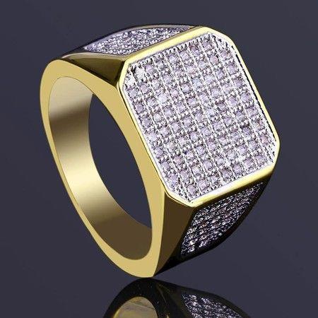 Iced Out Square Full Rhinestone Gold Ring For Men - 7