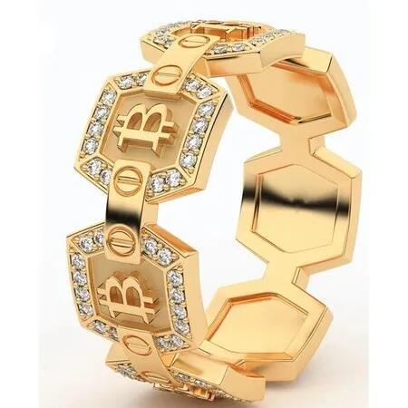 Hip Hop Gold Bitcoin Pentagonal with Rhinestones Men Ring - 6