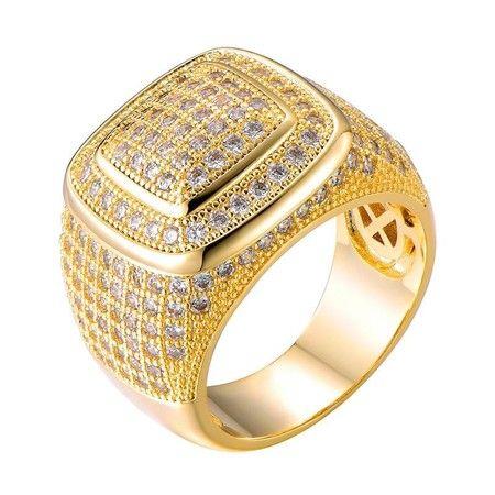 Hip Hop Iced Out Bling Full CZ Charm Tready Square Copper Zircon Ring - 10 - Gold