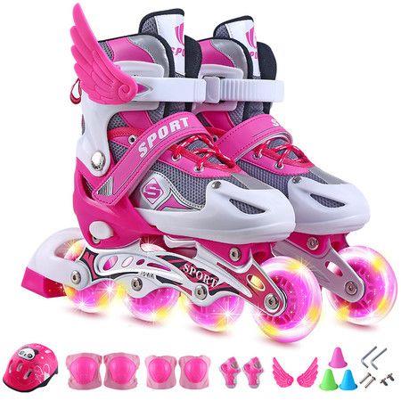 Pink Single Roller Skates,Adjustable 4 Sizes Toddler Rollerskates with Light Up Wheels, for Girls/Boys/Women/Men Size M (33-37)