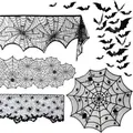 5 Pack Halloween Spider Decorations Sets,Halloween Fireplace Mantel Scarf & Round Table Cover & Lace Table Runner & Cobweb Lampshade & 60 pcs Scary 3D Bat for Halloween Party Decors