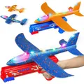 2 Pack Throwing Airplane Toys with LED Light, Foam Throwing Catapult Plane, Kids Outdoor Flying Games