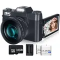Digital Camera for Photography and Video 4K 48MP Vlogging Camera for YouTube with 180� Flip Screen,16X Digital Zoom,52mm Wide Angle & Macro Lens,32GB TF Card,2 Batteries (Black)