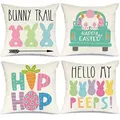 Easter Pillow Covers Easter Decorations for Home Bunny Truck Hello Peeps Hip Hop Pillows Easter Decorative Throw Pillows Spring Easter Farmhouse Decor (18x18" Set of 4)