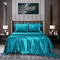 4 Piece Satin Bedding Sheet Pillowcase Sets Luxury Rich Silk Silky Super Soft Solid Color Reversible Stain-Resistant Wrinkle Free (Teal)