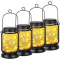 Solar Hanging Mason Jar Lights with Stakes,Outdoor Waterproof Decorative Solar Lantern Table Lamp,Vintage Glass Jar Starry Fairy Light with 30 LEDs for Patio Garden Tree (4 Pack,Warm White)