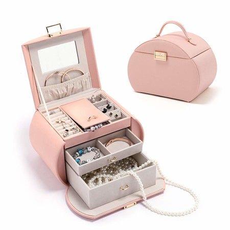 Jewelry Box 3 Tier Travel Jewelry Boxes Pu Leather Jewelry Handbag Organizer Gift for Her Mother day Pink