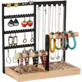 Jewelry Organizer Stand 4 Tier Jewelry Display Stand Holder with Wood Base Tray & Jewelry Storage Tower, for Necklace Bracelet Rings Watches, (Black)